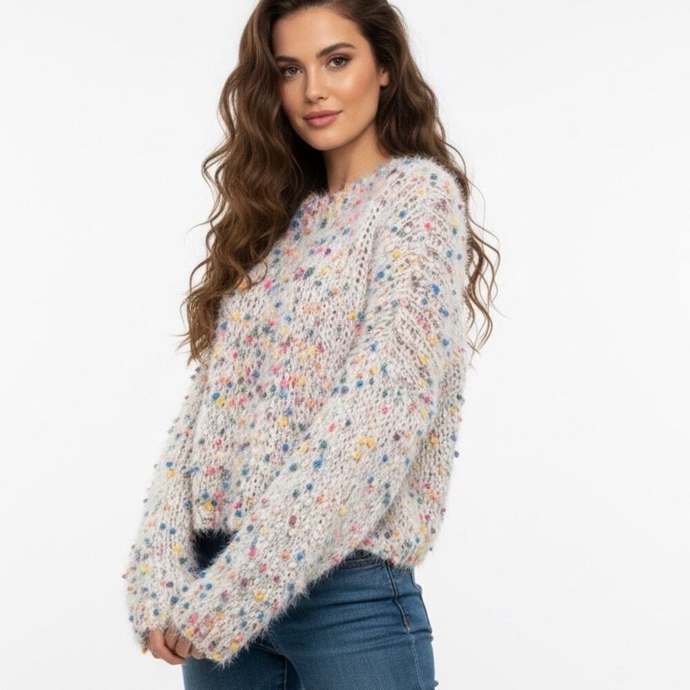 Denimaxx Rainbow Confetti Cropped Fuzzy Soft Sweater XL Artsy Colorful Cozy